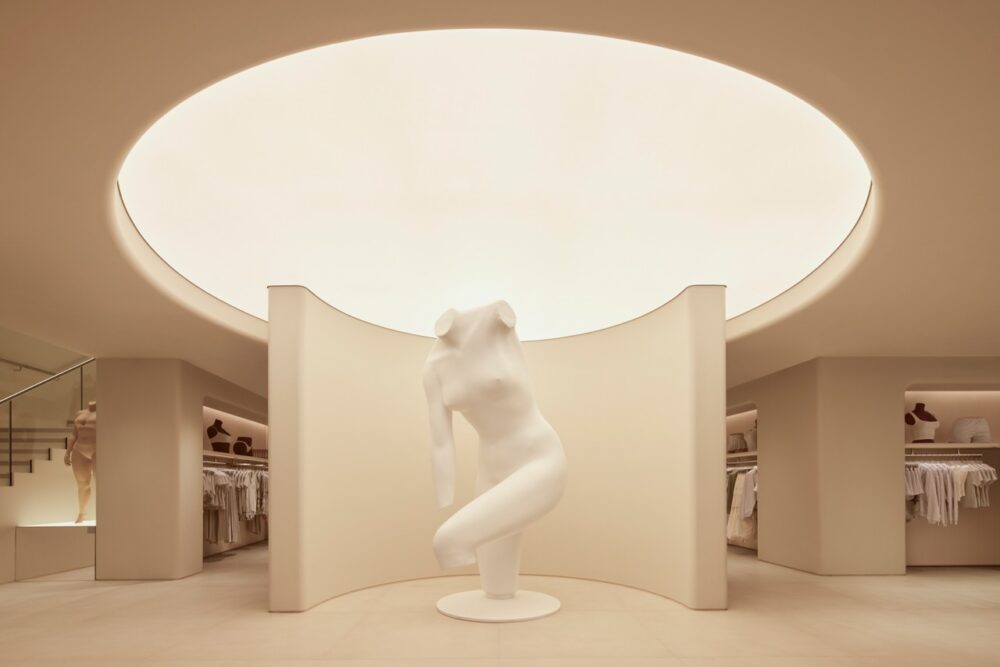 A large sculpture by Vanessa Beecroft at the entrance of the Skims Regent Street Store