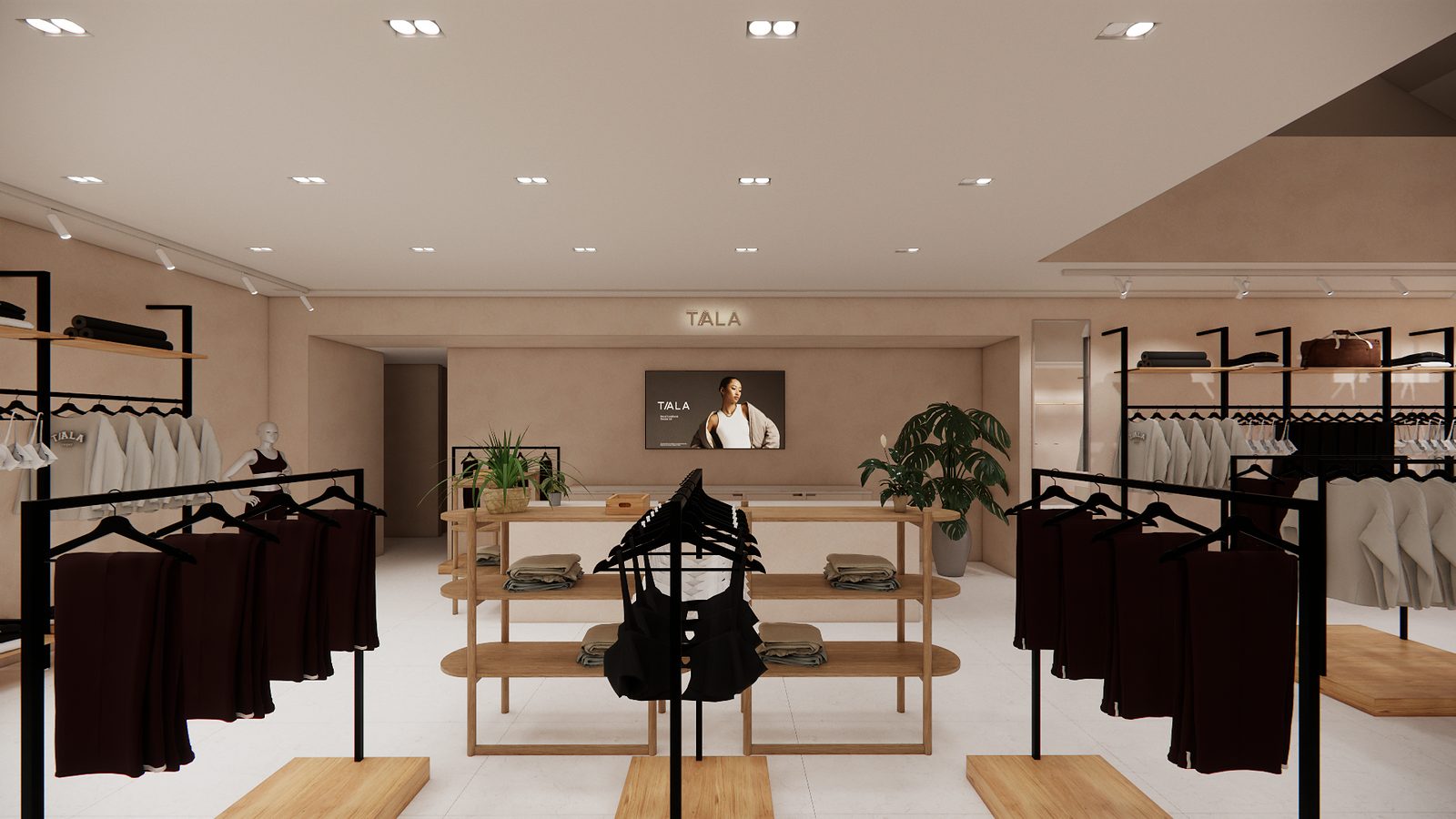 Visualisation of the TALA pop-up interior, with rails of black and neutral activewear, wooden display tables and TALA signage on the rear wall